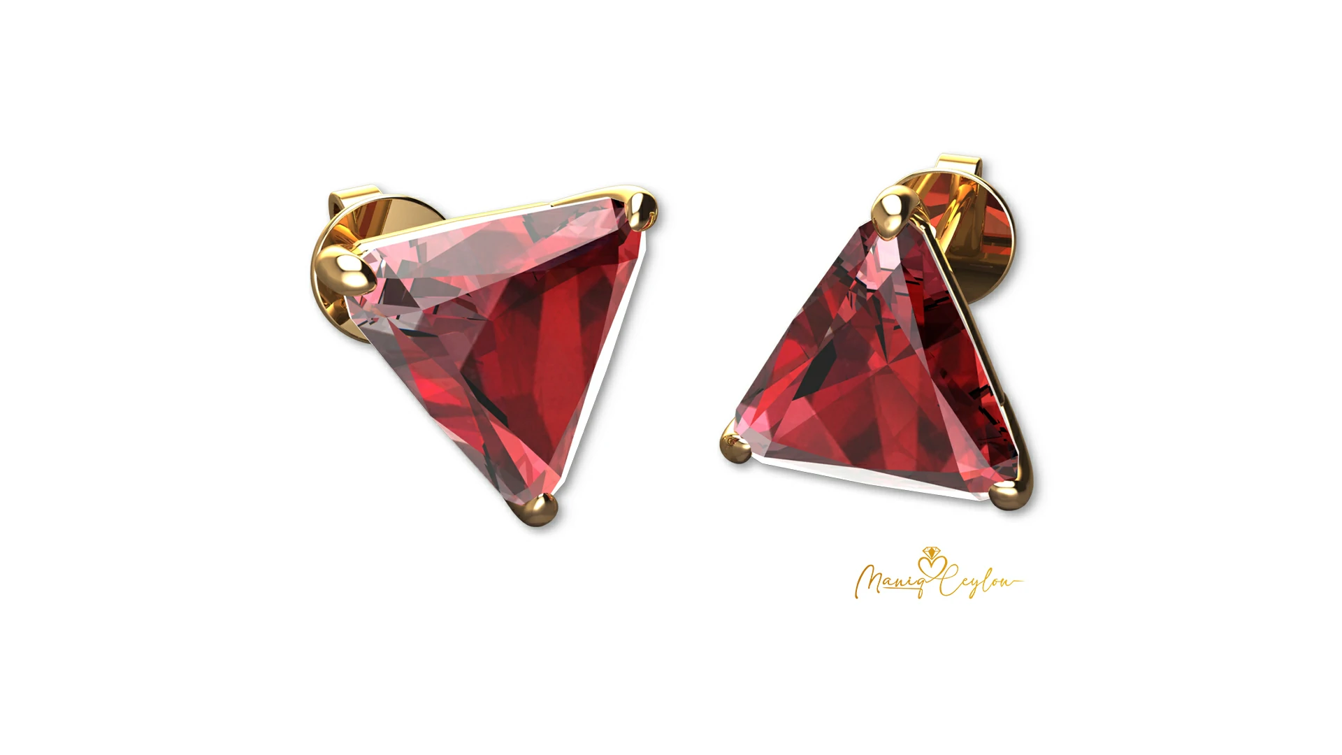 Modern Trillion-Cut Ruby & Yellow Gold Prong-Set Stud Earrings