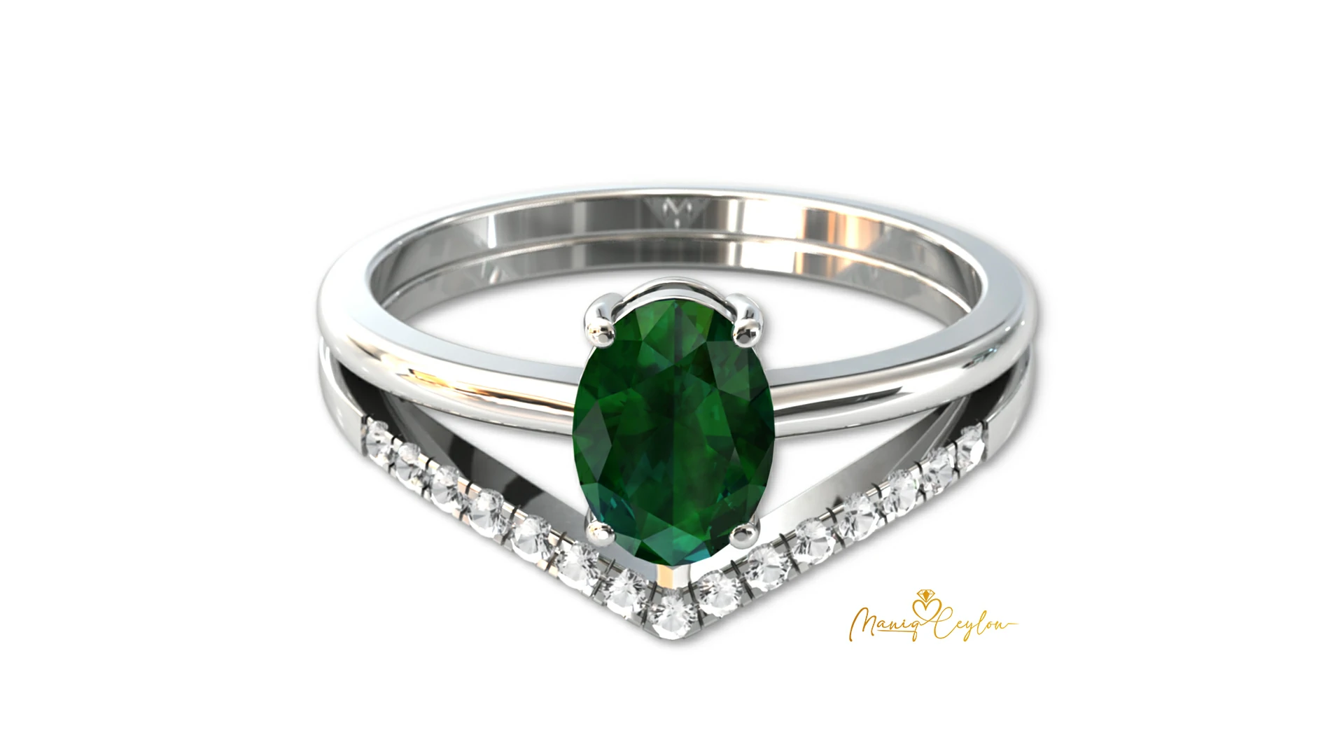 Elegant Oval-Cut Green Sapphire & White Gold Split Shank Ring
