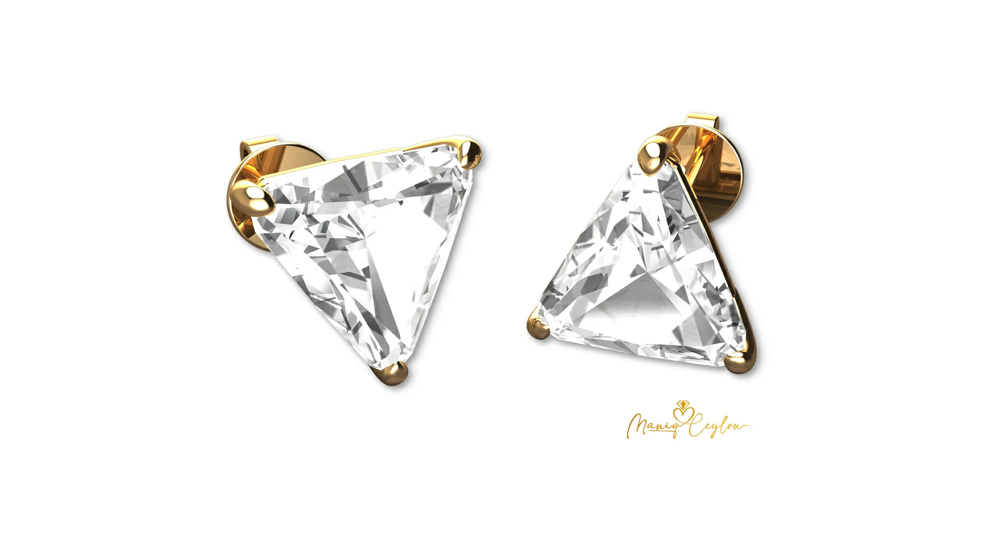 Modern Trillion-Cut White Sapphire & Yellow Gold Prong-Set Stud Earrings