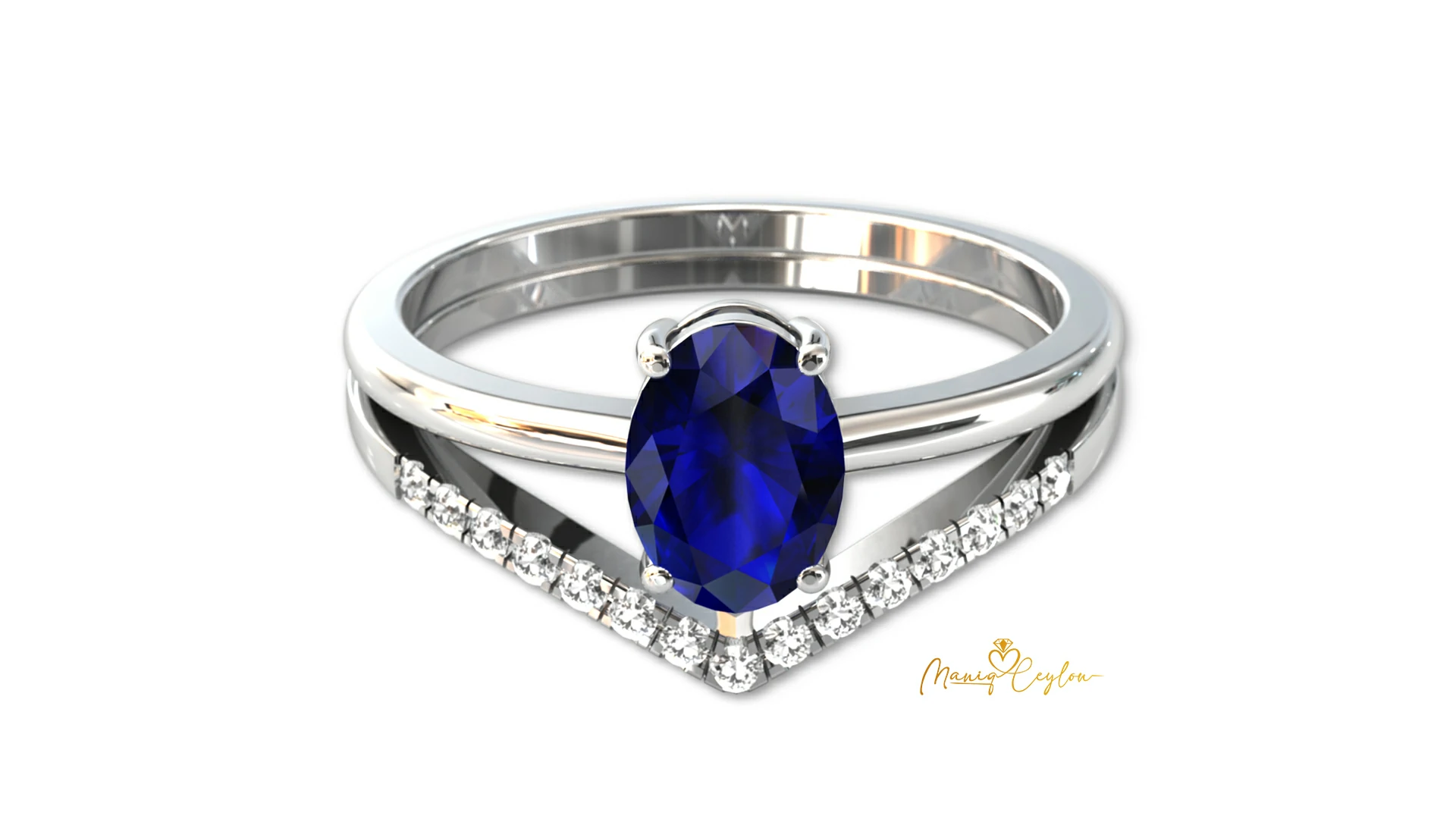 Elegant Oval-Cut Blue Sapphire & White Gold Split Shank Ring