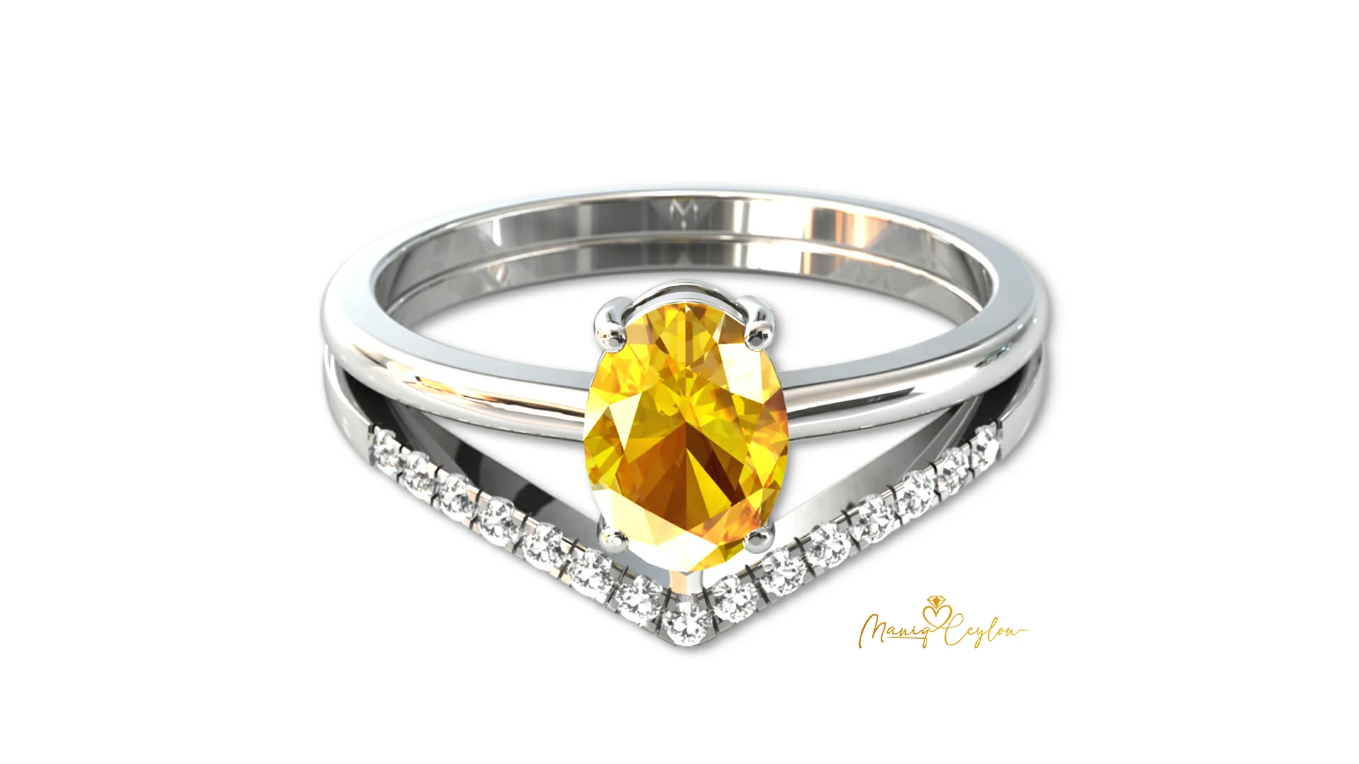Elegant Oval-Cut Yellow Sapphire & White Gold Split Shank Ring