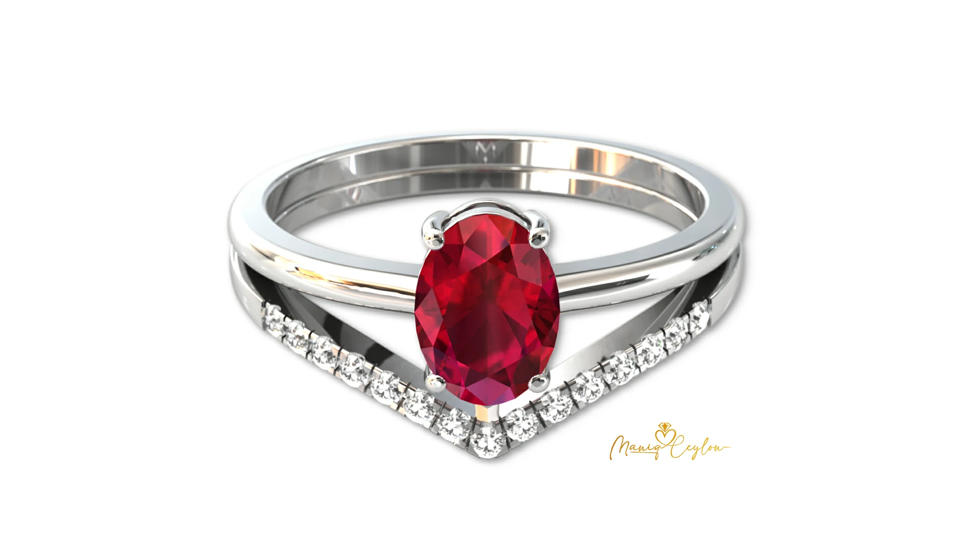Elegant Oval-Cut Ruby & White Gold Split Shank Ring